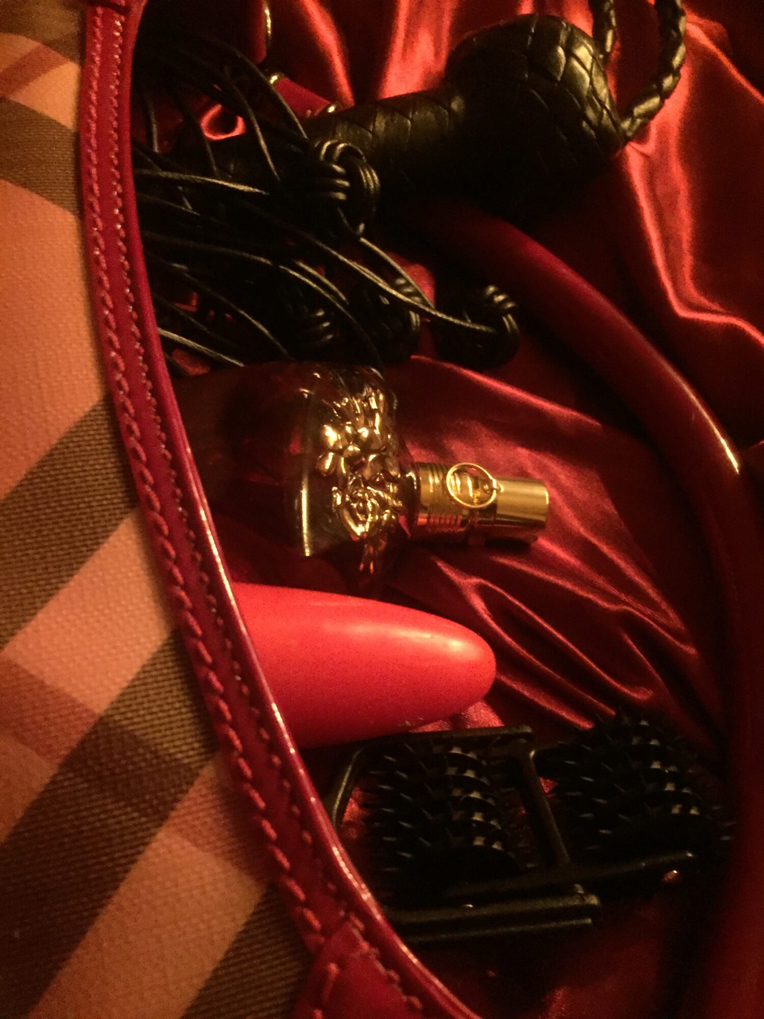 Lidt blandet legetøj i min Burberry aftentaske (Wartenberg pinwheel, ni-halet pisk, JPG parfume, buttplug til slaven, glidecreme m.m.)